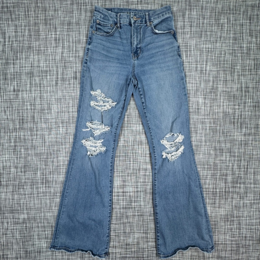 American Eagle Jeans Womens 2R Curvy Super High Rise Flare Blue Distressed Denim
